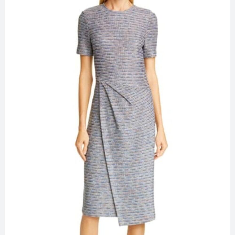 St. John Collection Space Dyed Ribbon Tweed Sheath Dress Scuba Blue Multi 6 NEW